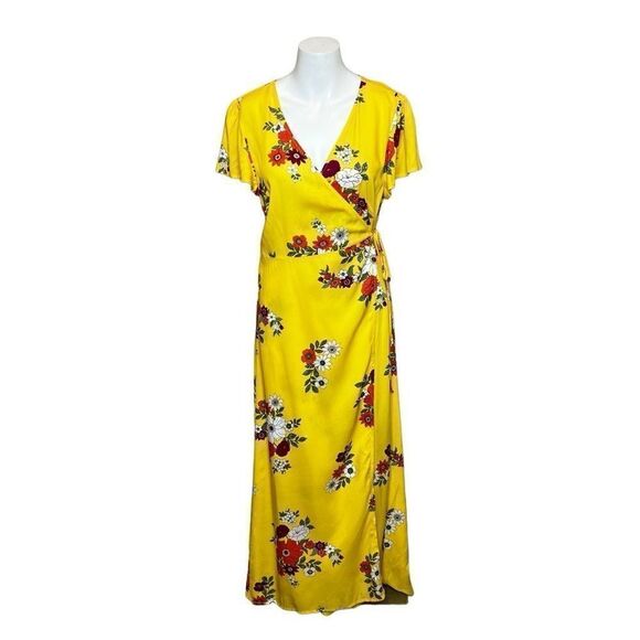 Loft beach yellow floral flutter sleeve maxi wrap dress size M - Picture 3 of 14